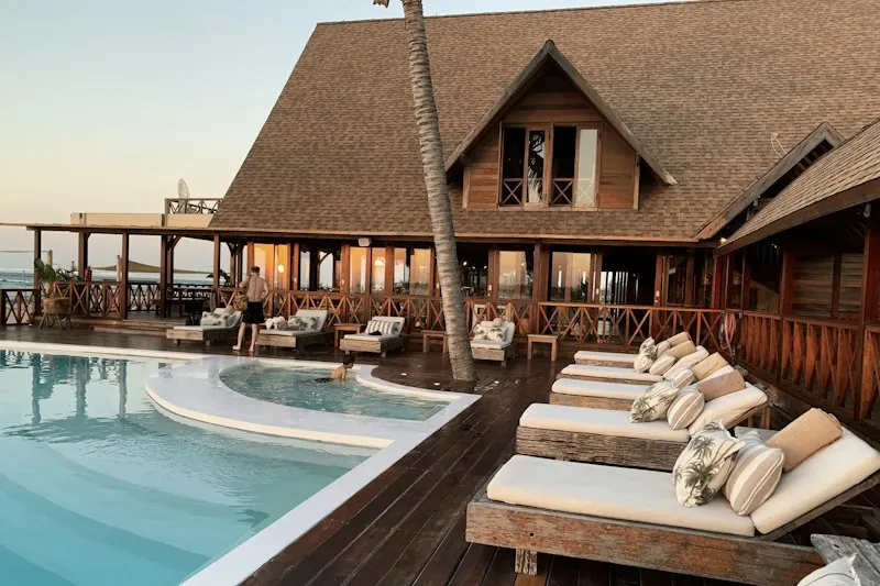 Hotel and swimming pool prepared for guests